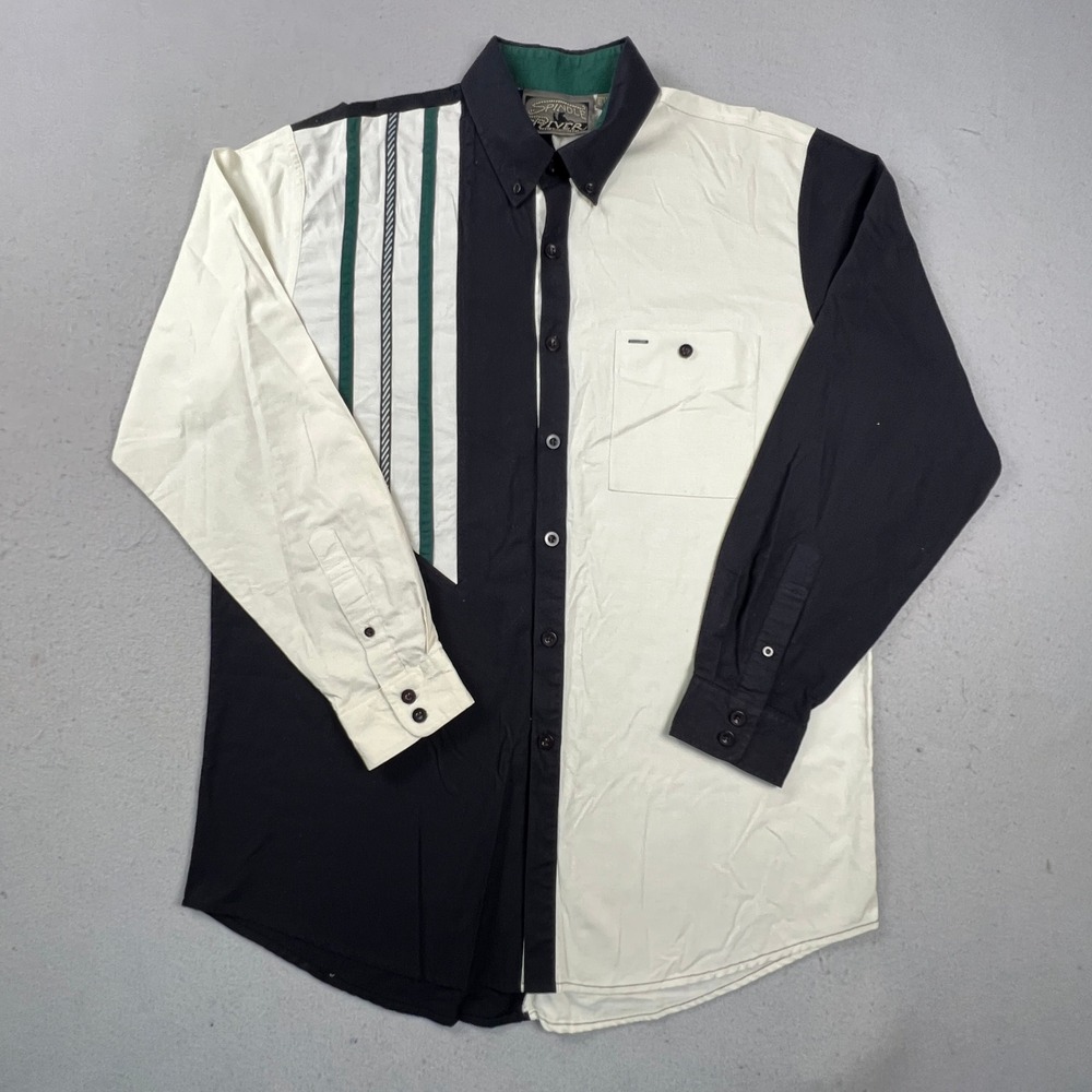 Spindle River Button Down Shirt Mens L Black Cream Colorblock Striped Vintage